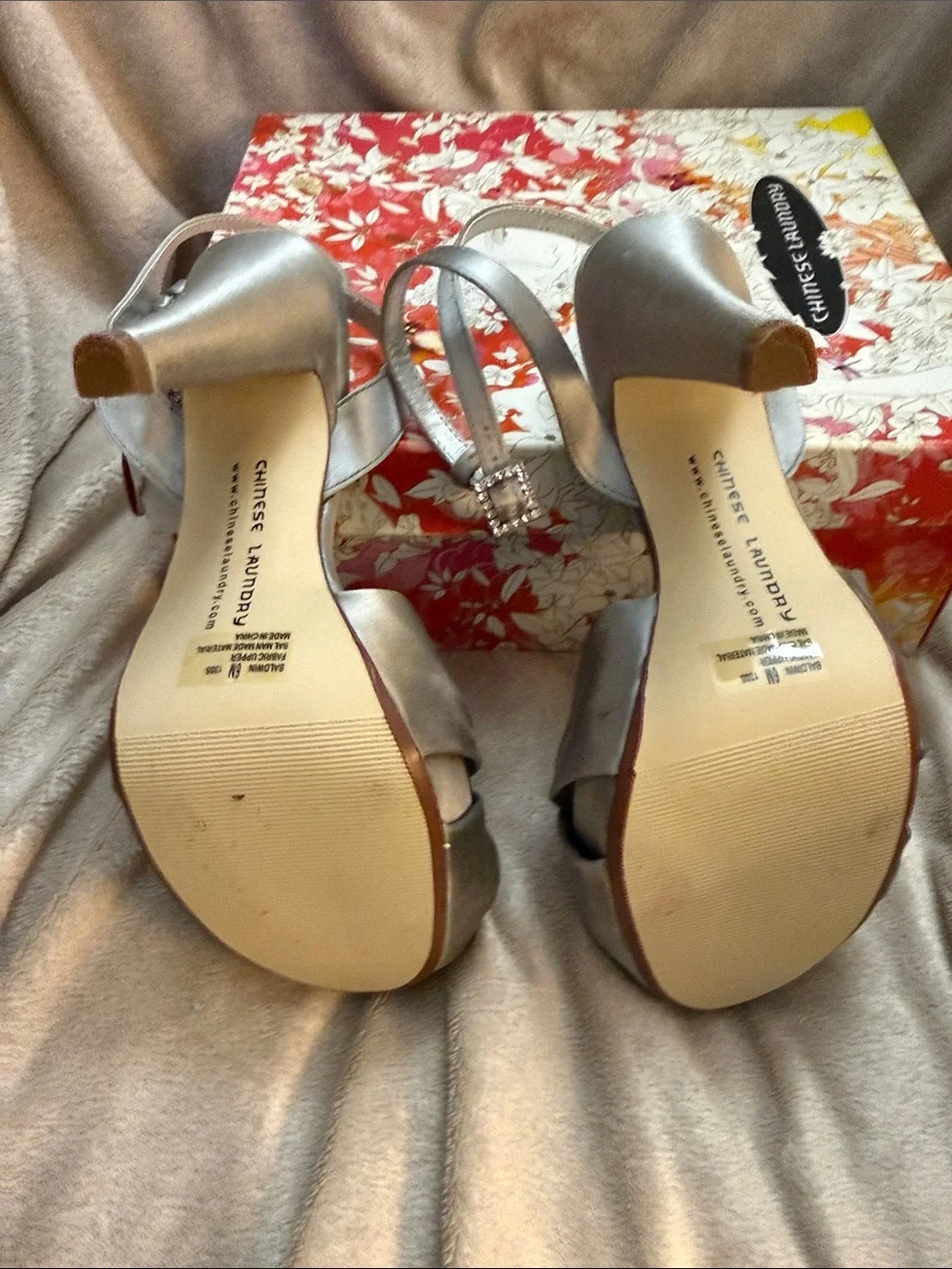 Chinese Laundry Silver Satin Knotted Platform Heels